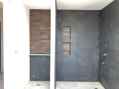 Custom Ensuite Curbless Shower w/ Niche Feature, and Feature Wall above Toilet 3