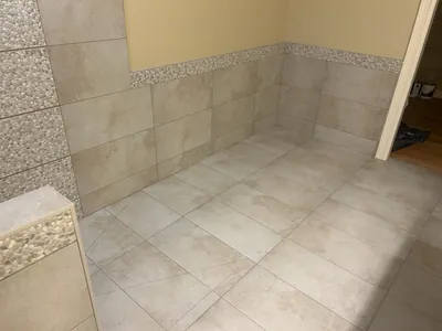 Custom Tile Shower w/ Bench, Pony Wall, Niche, and Feature Band Details 5