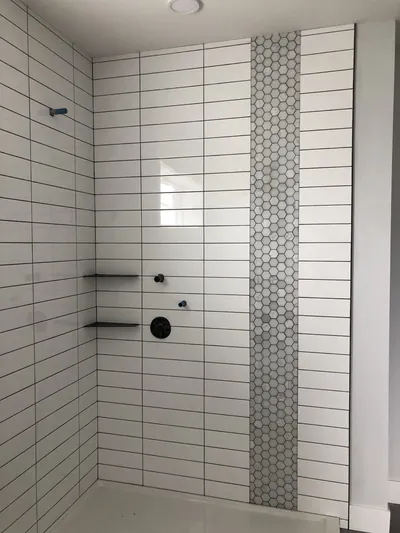 White Subway Tile Shower Surround w/ Hexagon Feature Band Detail 1