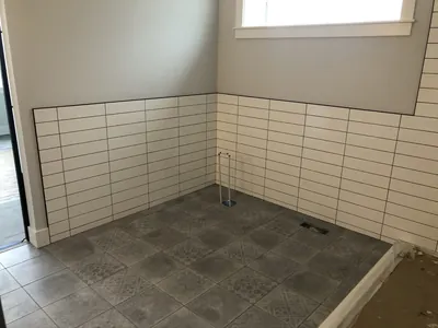 White Subway Tile Shower Surround w/ Hexagon Feature Band Detail 3