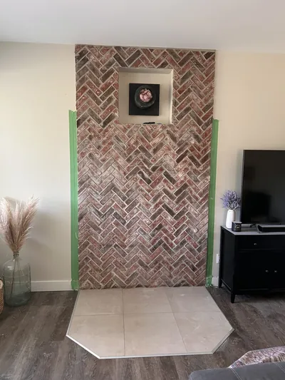 Herringbone Brick Fireplace Surround w/ Tiled Hearth